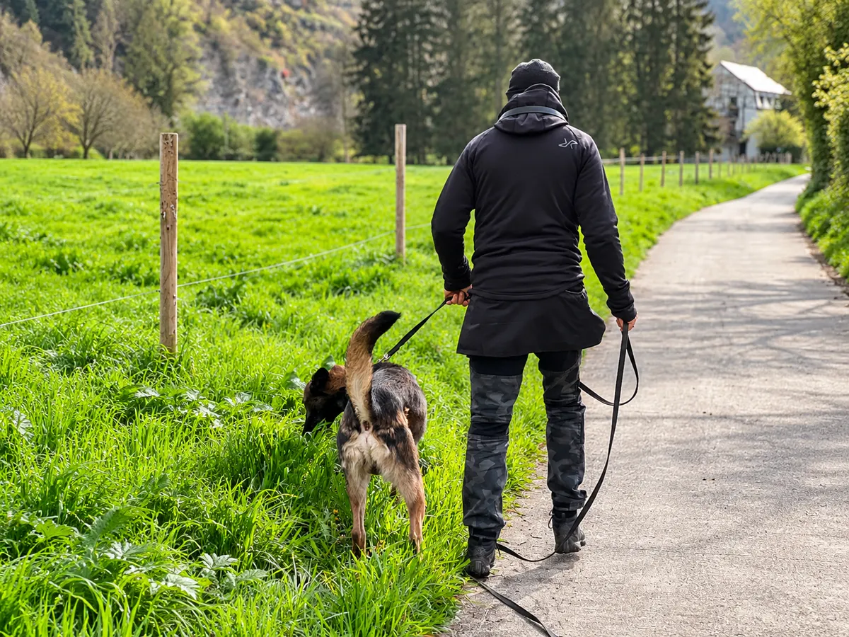 Christopher Vangoethem en promenade avec un chien en laisse sur un chemin de campagne