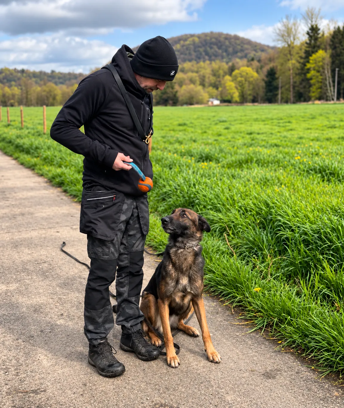 Christopher Vangoethem sur un chemin de campagne, un chien de type berger, assis à ses pieds, attend la balle