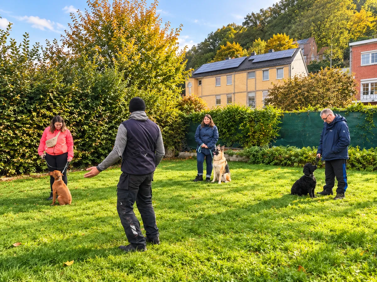 Cours collectif en extérieur : Christopher Vangoethem face à trois maîtres et leurs chiens sur un terrain herbeux